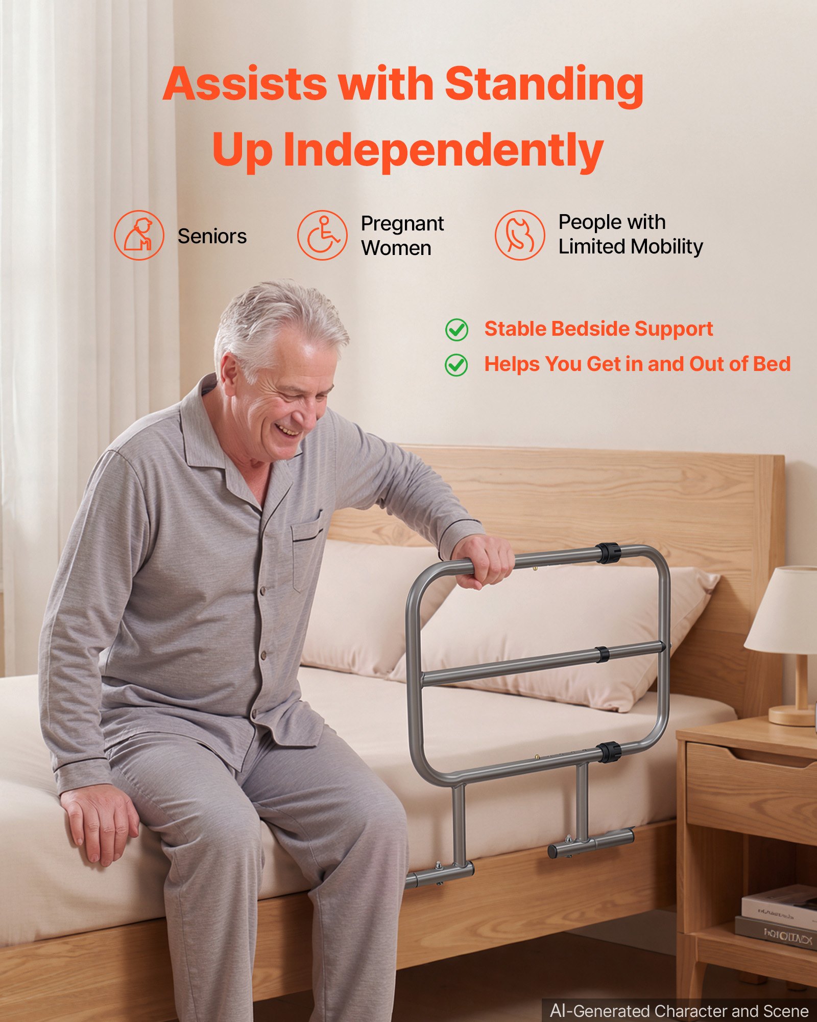 VEVOR Bed Rails for Elderly Adults 90.7kg Capacity Bed Side Assist Rail, High-Strength Steel, L-Shaped Bedside Cane for Seniors, Adjustable Handle Length, Fits King Queen Full Twin Beds