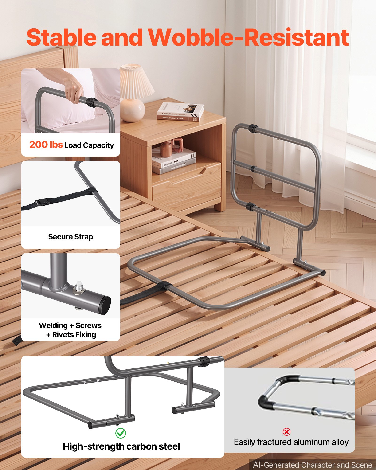 VEVOR Bed Rails for Elderly Adults 90.7kg Capacity Bed Side Assist Rail, High-Strength Steel, L-Shaped Bedside Cane for Seniors, Adjustable Handle Length, Fits King Queen Full Twin Beds