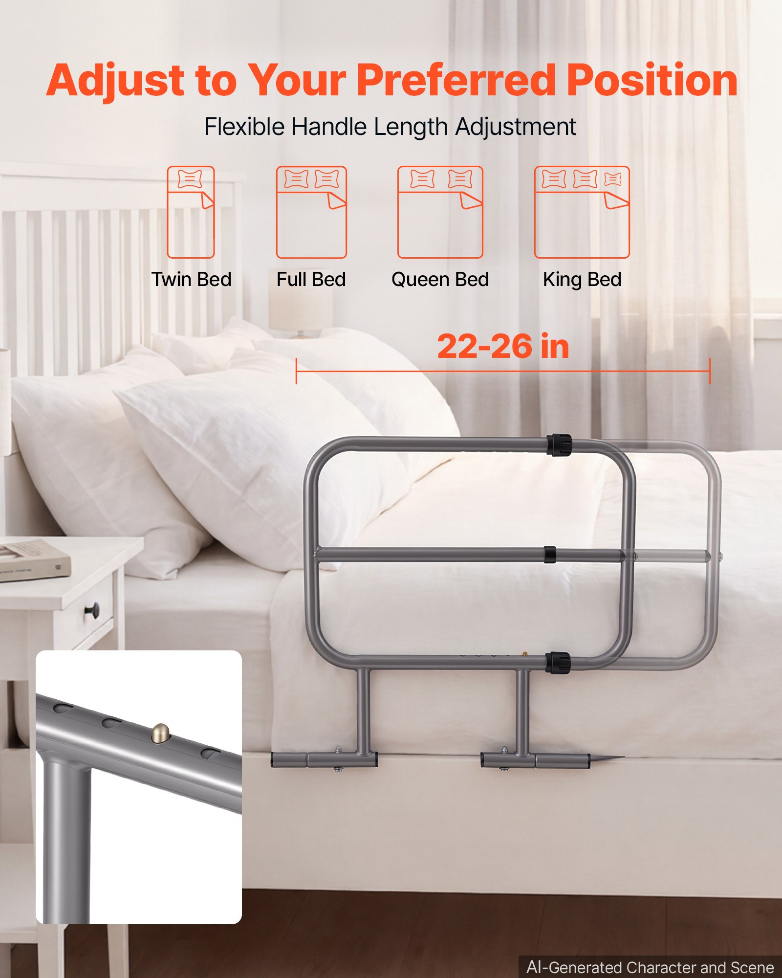 VEVOR Bed Rails for Elderly Adults 90.7kg Capacity Bed Side Assist Rail, High-Strength Steel, L-Shaped Bedside Cane for Seniors, Adjustable Handle Length, Fits King Queen Full Twin Beds