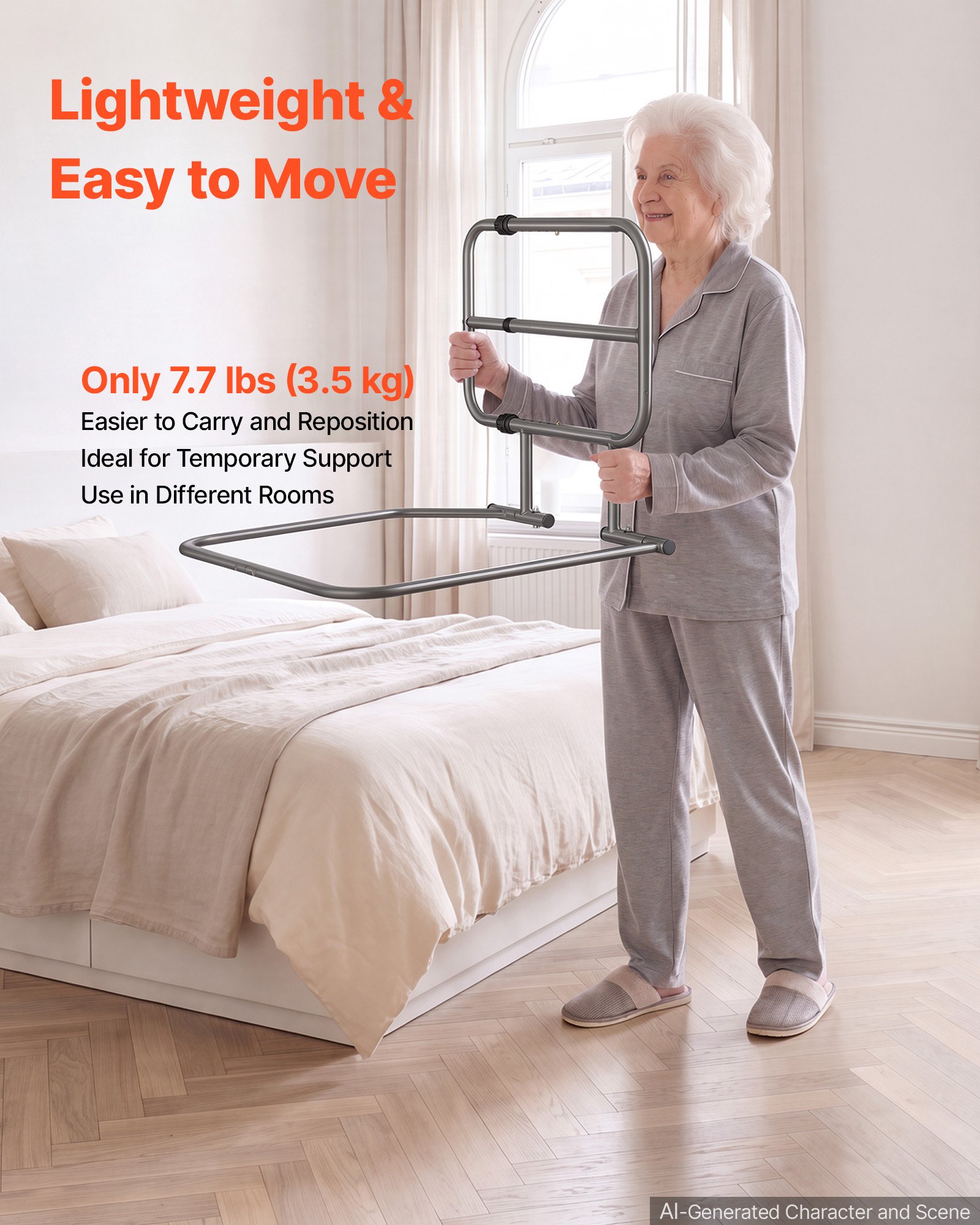 VEVOR Bed Rails for Elderly Adults 90.7kg Capacity Bed Side Assist Rail, High-Strength Steel, L-Shaped Bedside Cane for Seniors, Adjustable Handle Length, Fits King Queen Full Twin Beds