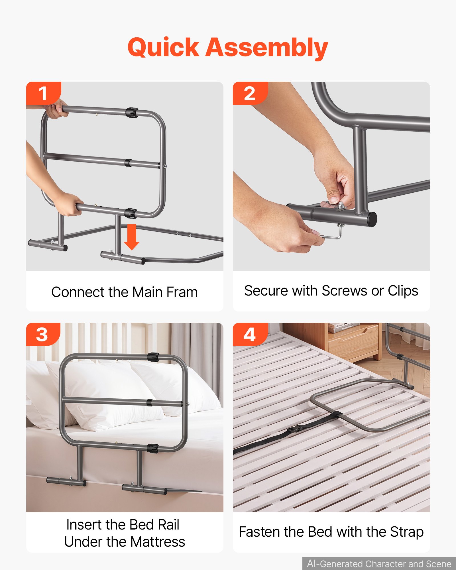 VEVOR Bed Rails for Elderly Adults 90.7kg Capacity Bed Side Assist Rail, High-Strength Steel, L-Shaped Bedside Cane for Seniors, Adjustable Handle Length, Fits King Queen Full Twin Beds