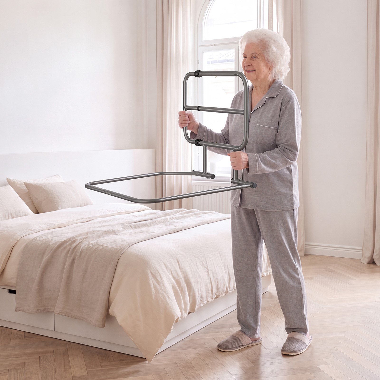 VEVOR Bed Rails for Elderly Adults 90.7kg Capacity Bed Side Assist Rail, High-Strength Steel, L-Shaped Bedside Cane for Seniors, Adjustable Handle Length, Fits King Queen Full Twin Beds
