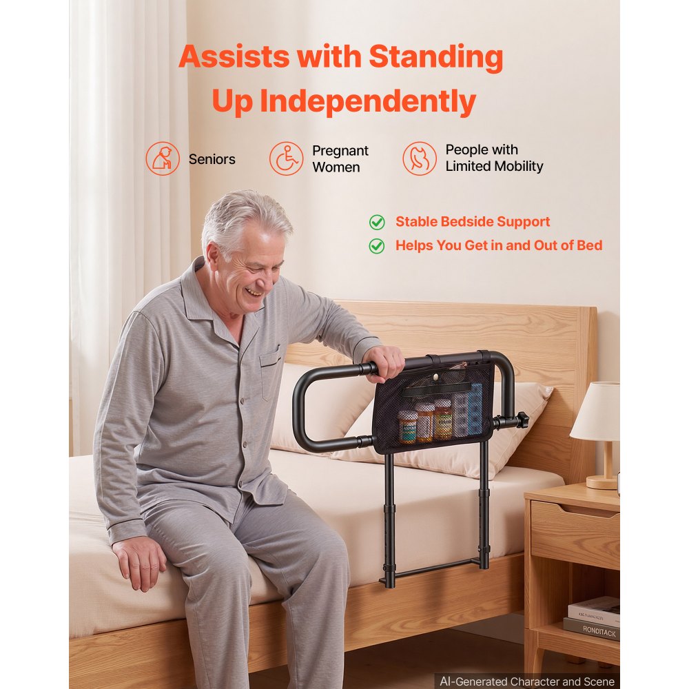 VEVOR Bed Rails for Elderly Adults Folding Bed Side Assist Rail for Seniors, Length & Height Adjustable, High-Strength Steel Bed Cane with Storage Pocket, Fits King Queen Full Twin Bed, 136kg Support