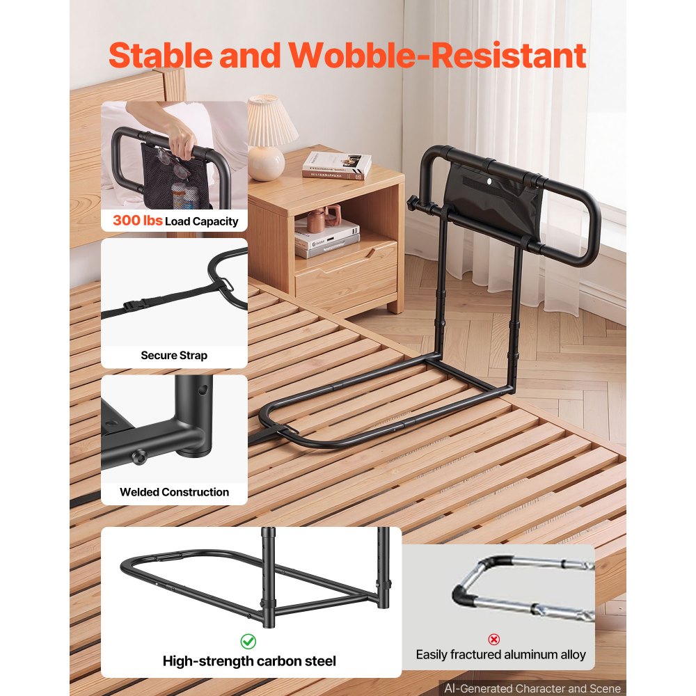 VEVOR Bed Rails for Elderly Adults Folding Bed Side Assist Rail for Seniors, Length & Height Adjustable, High-Strength Steel Bed Cane with Storage Pocket, Fits King Queen Full Twin Bed, 136kg Support