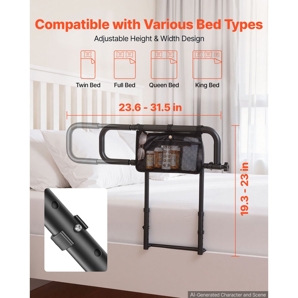 VEVOR Bed Rails for Elderly Adults Folding Bed Side Assist Rail for Seniors, Length & Height Adjustable, High-Strength Steel Bed Cane with Storage Pocket, Fits King Queen Full Twin Bed, 136kg Support