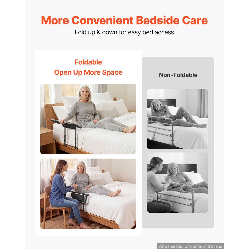 VEVOR Bed Rails for Elderly Adults Folding Bed Side Assist Rail for Seniors, Length & Height Adjustable, High-Strength Steel Bed Cane with Storage Pocket, Fits King Queen Full Twin Bed, 136kg Support