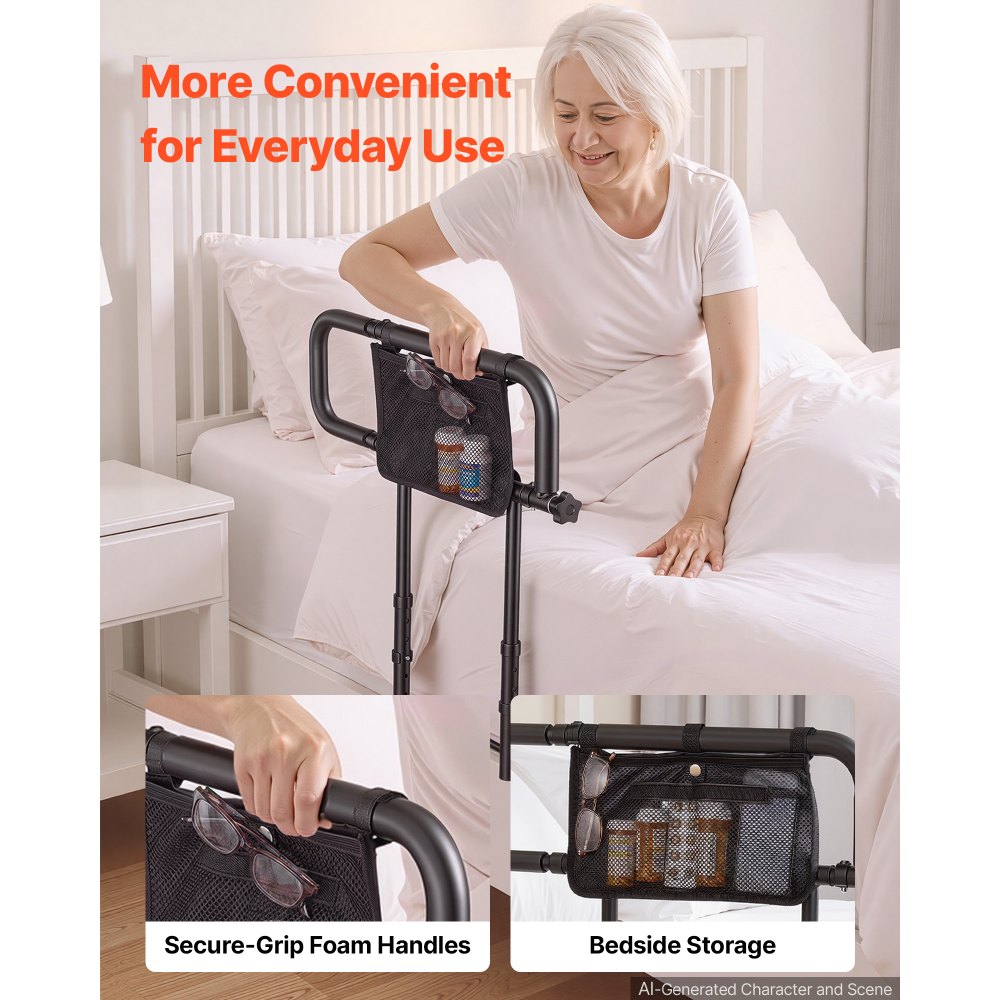 VEVOR Bed Rails for Elderly Adults Folding Bed Side Assist Rail for Seniors, Length & Height Adjustable, High-Strength Steel Bed Cane with Storage Pocket, Fits King Queen Full Twin Bed, 136kg Support
