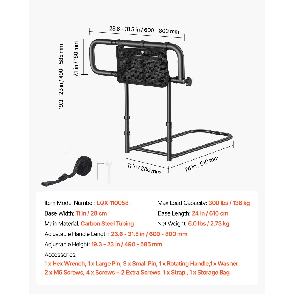 VEVOR Bed Rails for Elderly Adults Folding Bed Side Assist Rail for Seniors, Length & Height Adjustable, High-Strength Steel Bed Cane with Storage Pocket, Fits King Queen Full Twin Bed, 136kg Support