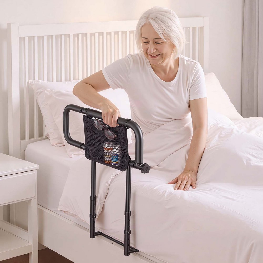 VEVOR Bed Rails for Elderly Adults Folding Bed Side Assist Rail for Seniors, Length & Height Adjustable, High-Strength Steel Bed Cane with Storage Pocket, Fits King Queen Full Twin Bed, 136kg Support