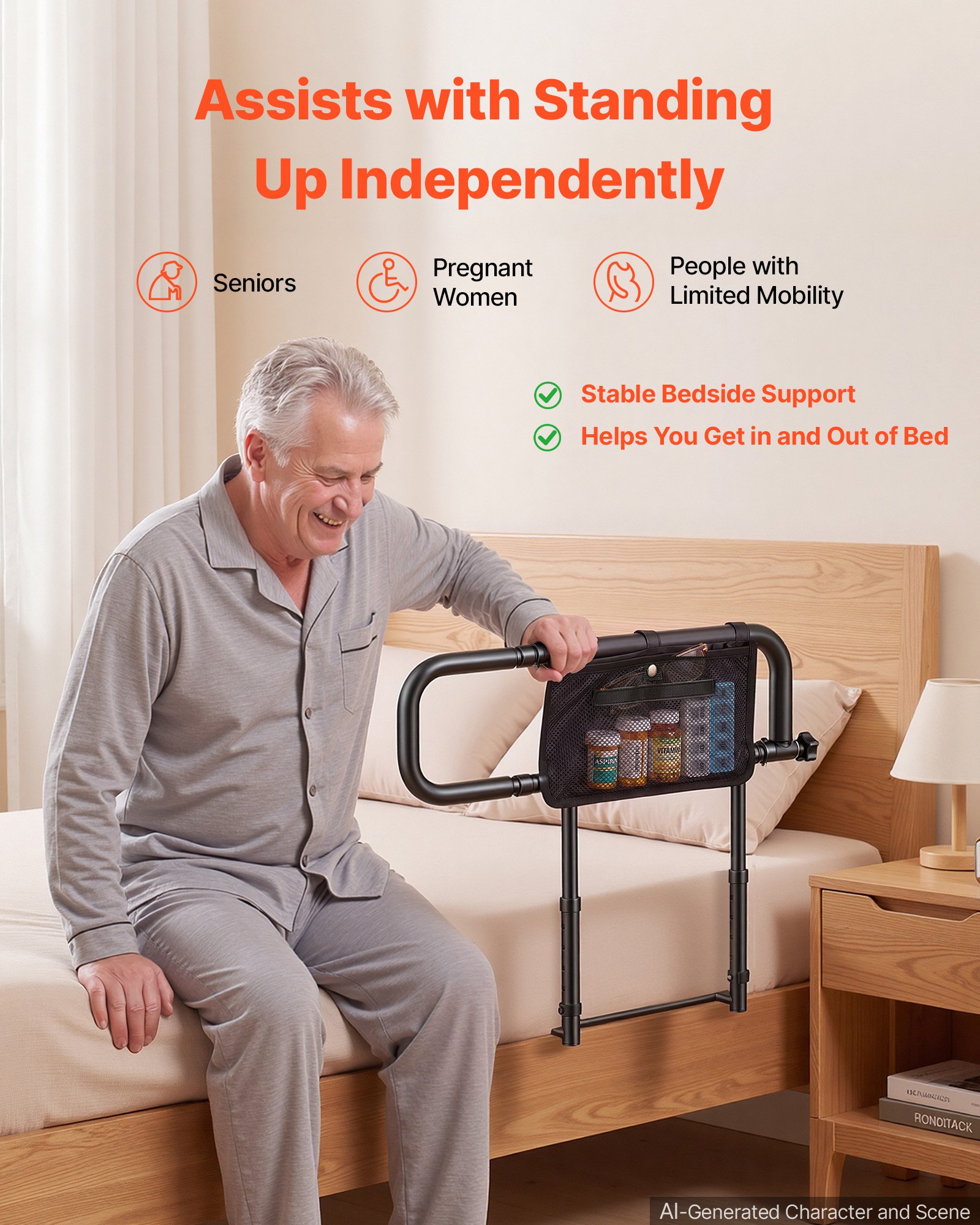 VEVOR Bed Rails for Elderly Adults Folding Bed Side Assist Rail for Seniors, Length & Height Adjustable, High-Strength Steel Bed Cane with Storage Pocket, Fits King Queen Full Twin Bed, 136kg Support