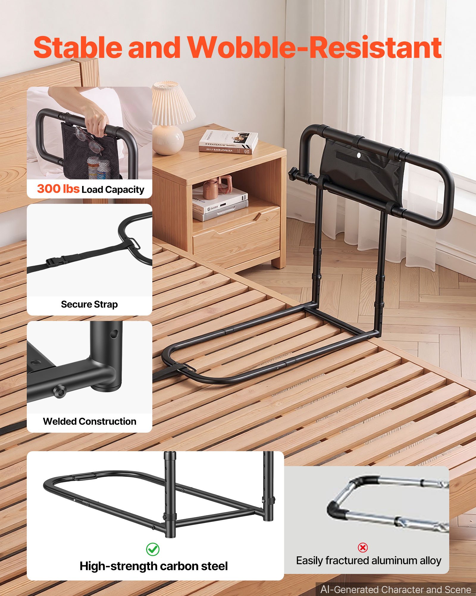 VEVOR Bed Rails for Elderly Adults Folding Bed Side Assist Rail for Seniors, Length & Height Adjustable, High-Strength Steel Bed Cane with Storage Pocket, Fits King Queen Full Twin Bed, 136kg Support