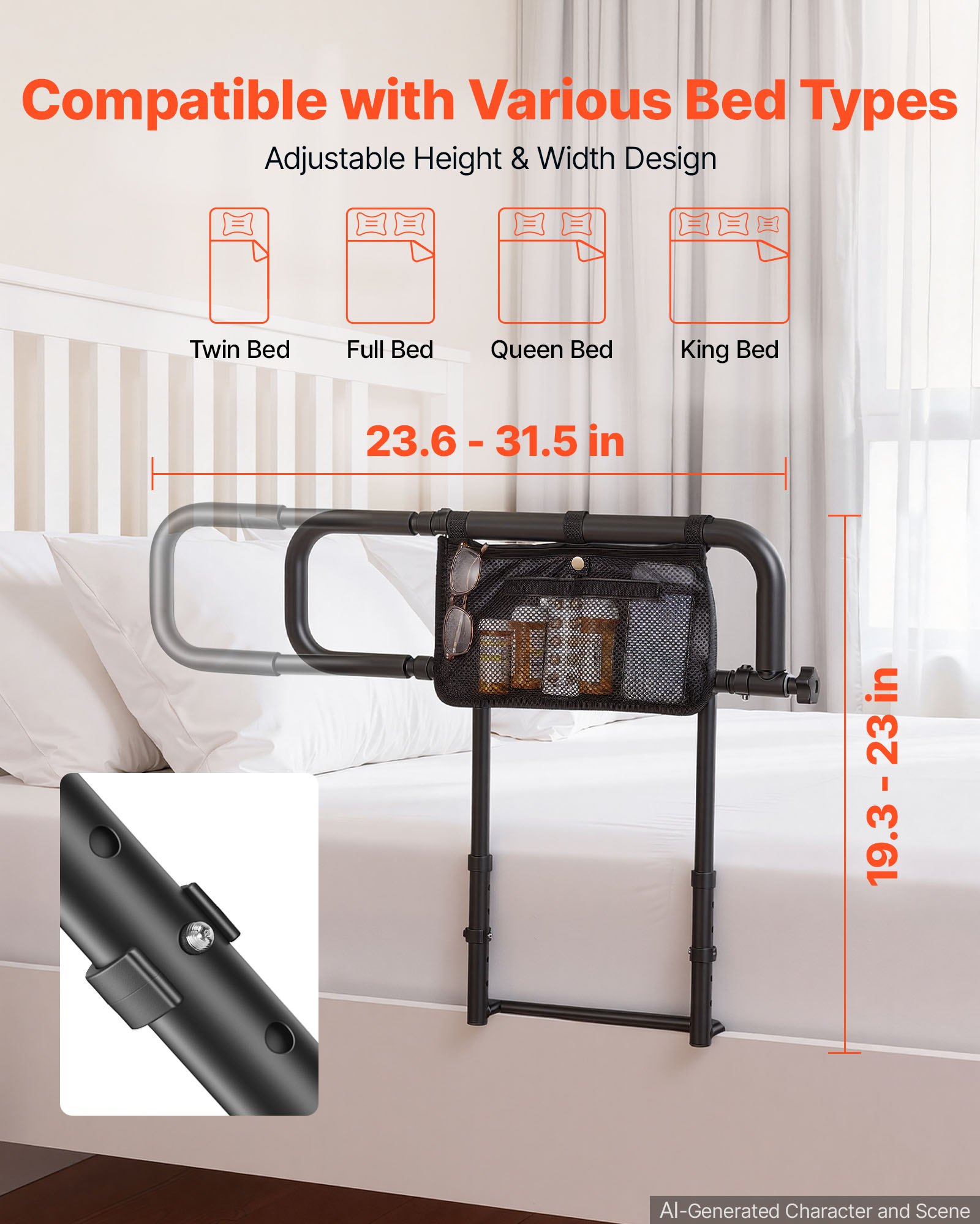 VEVOR Bed Rails for Elderly Adults Folding Bed Side Assist Rail for Seniors, Length & Height Adjustable, High-Strength Steel Bed Cane with Storage Pocket, Fits King Queen Full Twin Bed, 136kg Support