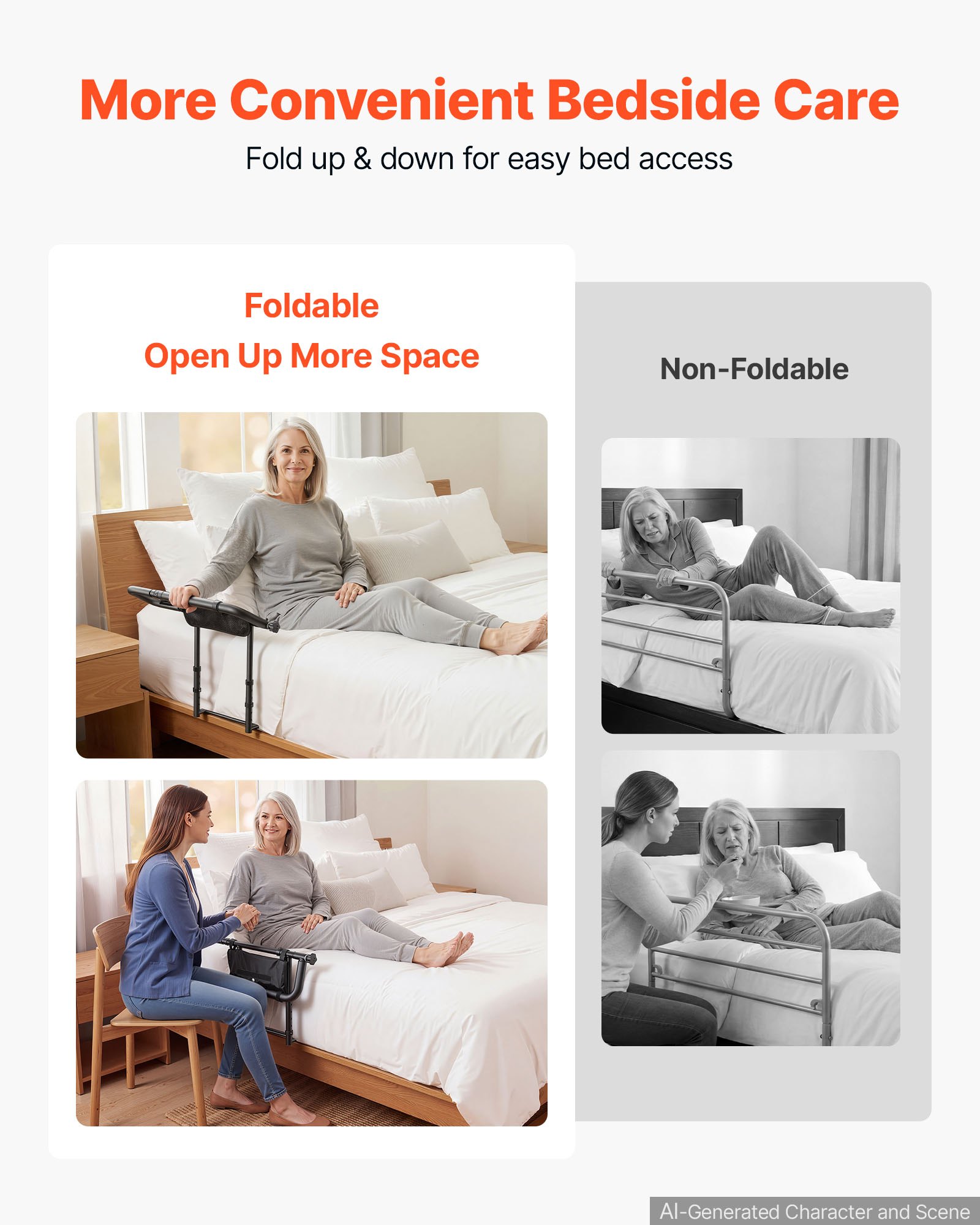 VEVOR Bed Rails for Elderly Adults Folding Bed Side Assist Rail for Seniors, Length & Height Adjustable, High-Strength Steel Bed Cane with Storage Pocket, Fits King Queen Full Twin Bed, 136kg Support