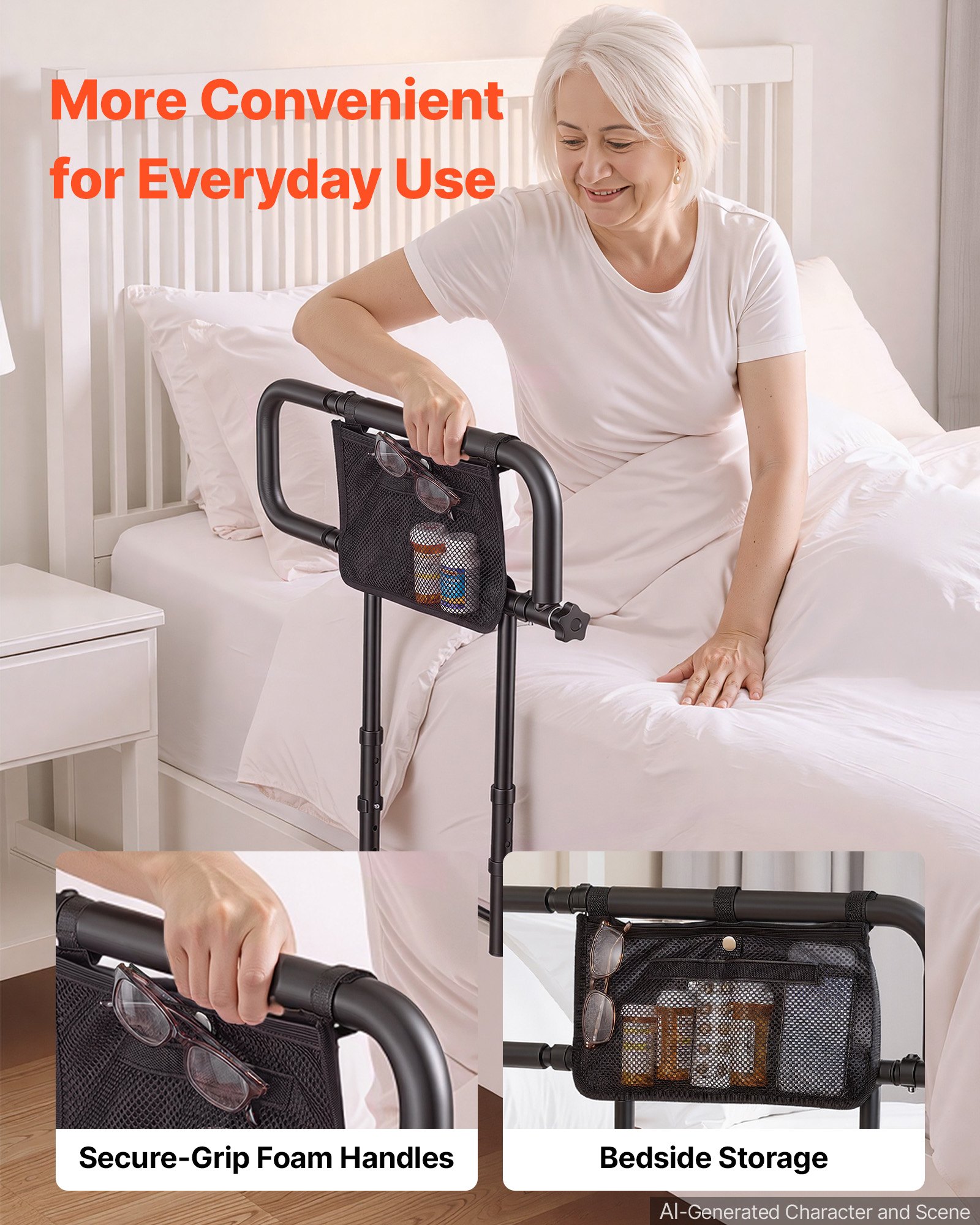 VEVOR Bed Rails for Elderly Adults Folding Bed Side Assist Rail for Seniors, Length & Height Adjustable, High-Strength Steel Bed Cane with Storage Pocket, Fits King Queen Full Twin Bed, 136kg Support