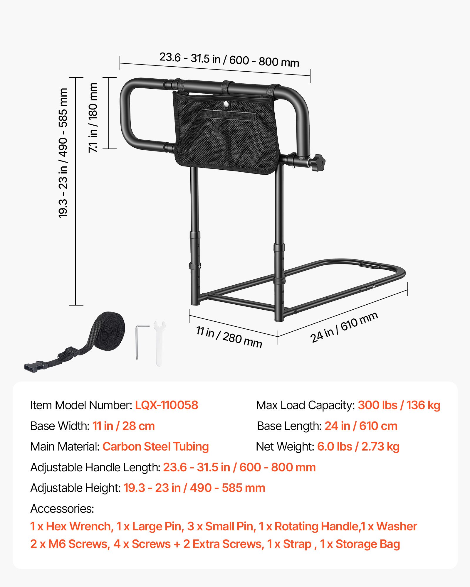 VEVOR Bed Rails for Elderly Adults Folding Bed Side Assist Rail for Seniors, Length & Height Adjustable, High-Strength Steel Bed Cane with Storage Pocket, Fits King Queen Full Twin Bed, 136kg Support