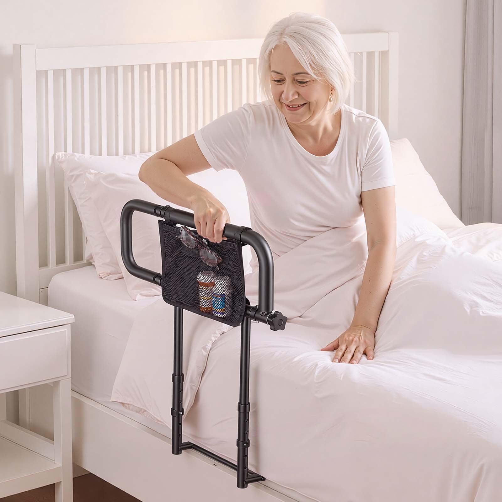 VEVOR Bed Rails for Elderly Adults Folding Bed Side Assist Rail for Seniors, Length & Height Adjustable, High-Strength Steel Bed Cane with Storage Pocket, Fits King Queen Full Twin Bed, 136kg Support