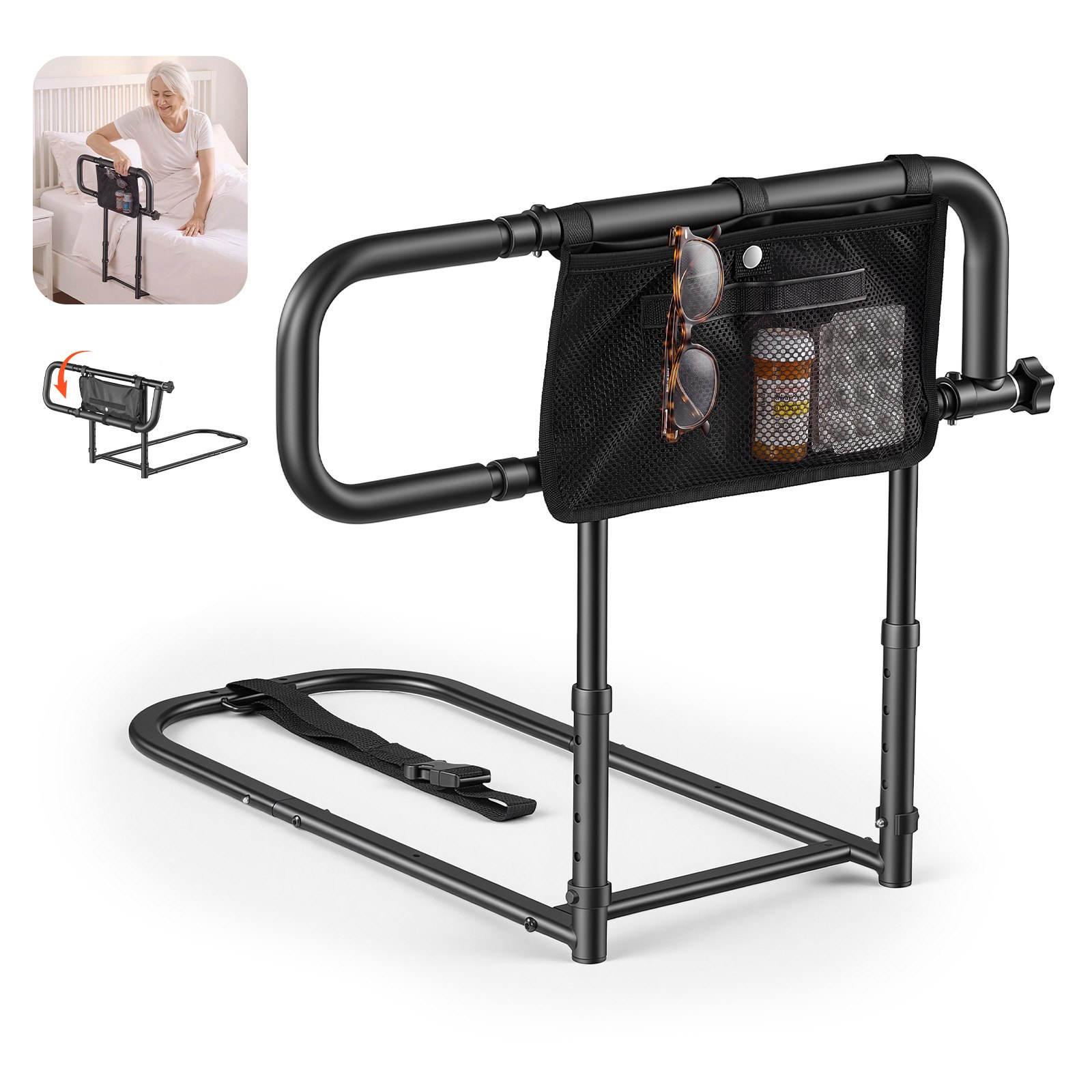VEVOR Bed Rails for Elderly Adults Folding Bed Side Assist Rail for Seniors, Length & Height Adjustable, High-Strength Steel Bed Cane with Storage Pocket, Fits King Queen Full Twin Bed, 136kg Support
