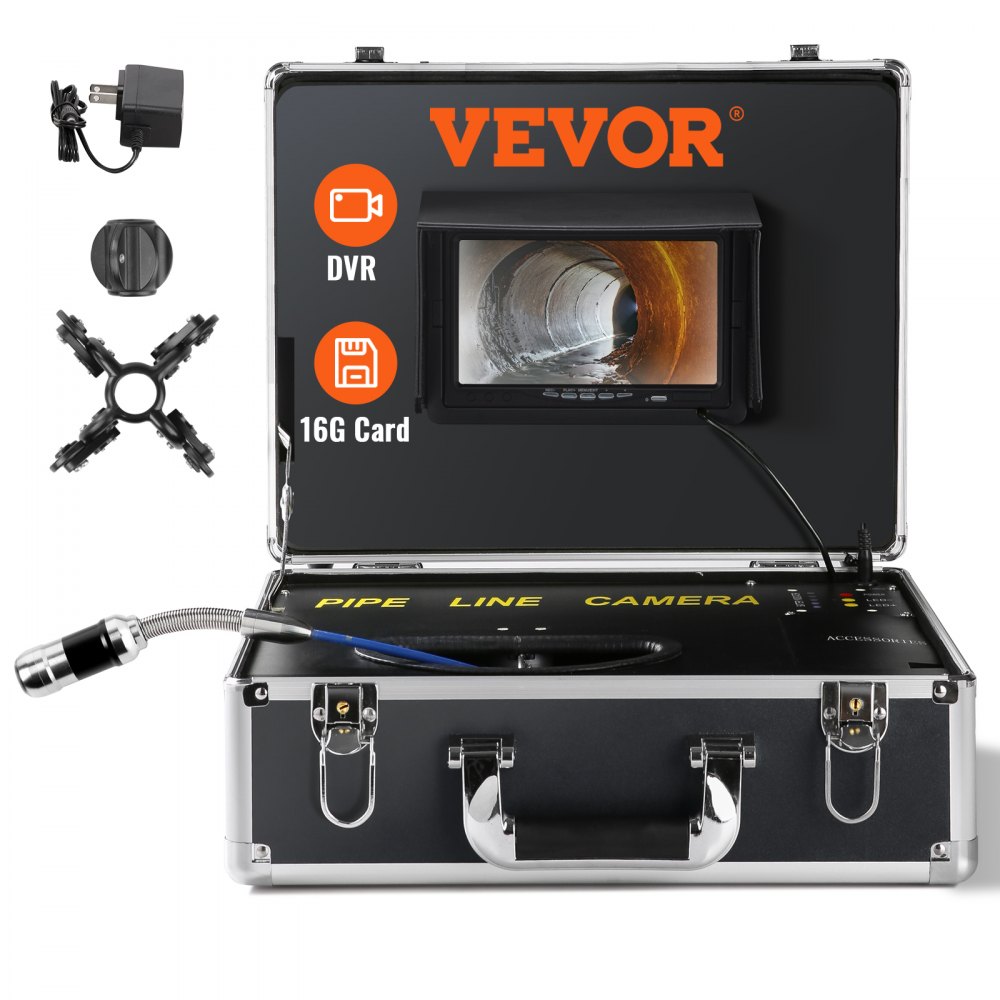 VEVOR kloakkkamera Rørinspeksjonskamera 7-tommers skjerm 1000TVL-kamera 100 fot rørledningsinspeksjonskamera med DVR-funksjon, vanntett IP68-kamera m/12 justerbare lysdioder, m/a 16 GB SD-kort for kloakkledning, hjemme, kanalavløpsrør.
