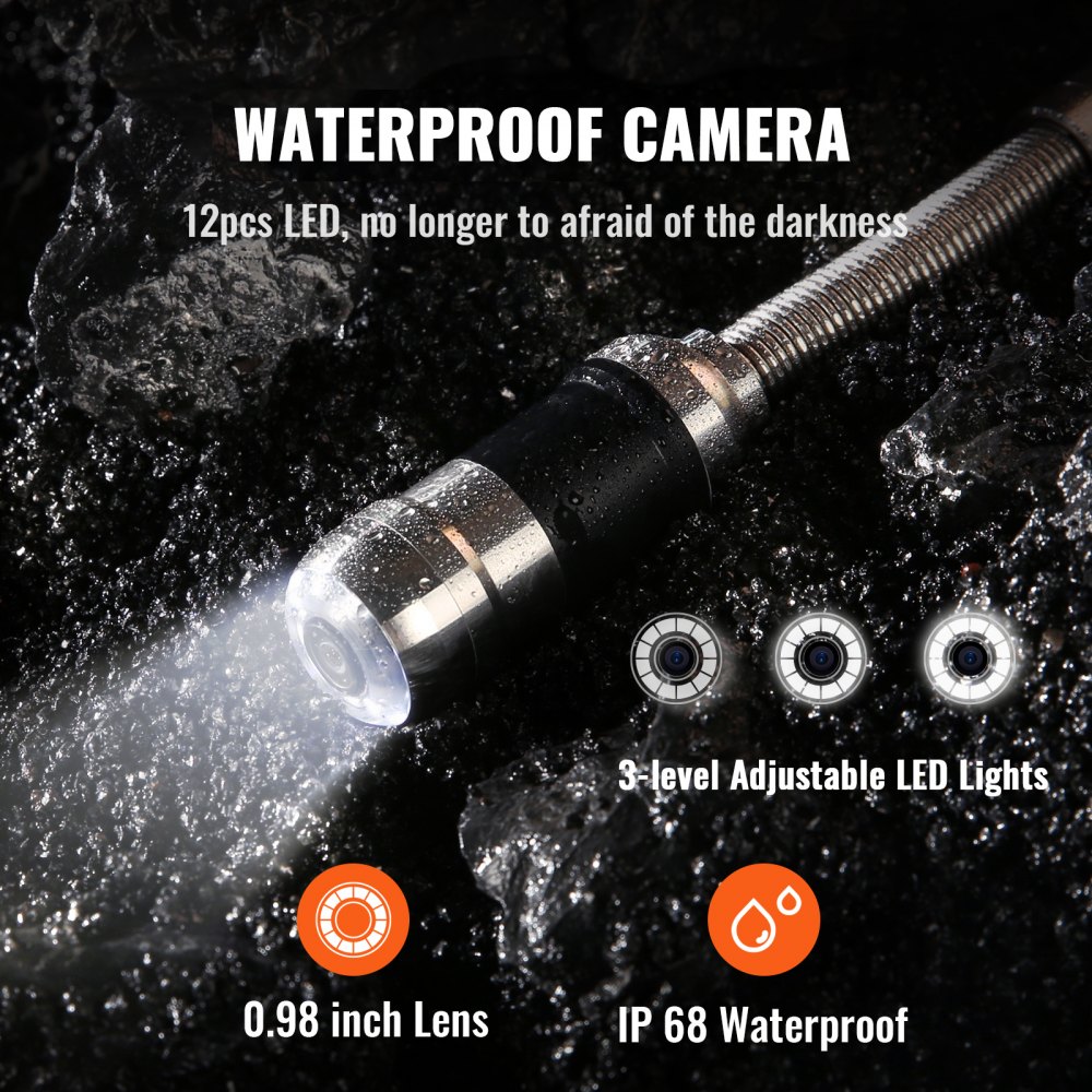 VEVOR Sewer Camera Pipe Inspection Camera 17.9 cm Screen 1000TVL Camera 30.5m Pipeline Inspection Camera with DVR Function, Waterproof IP68 Camera w/12 Adjustable LEDs, w/a 16 GB SD Card for Sewer Line, Home, Duct Drainpipe Plumbing