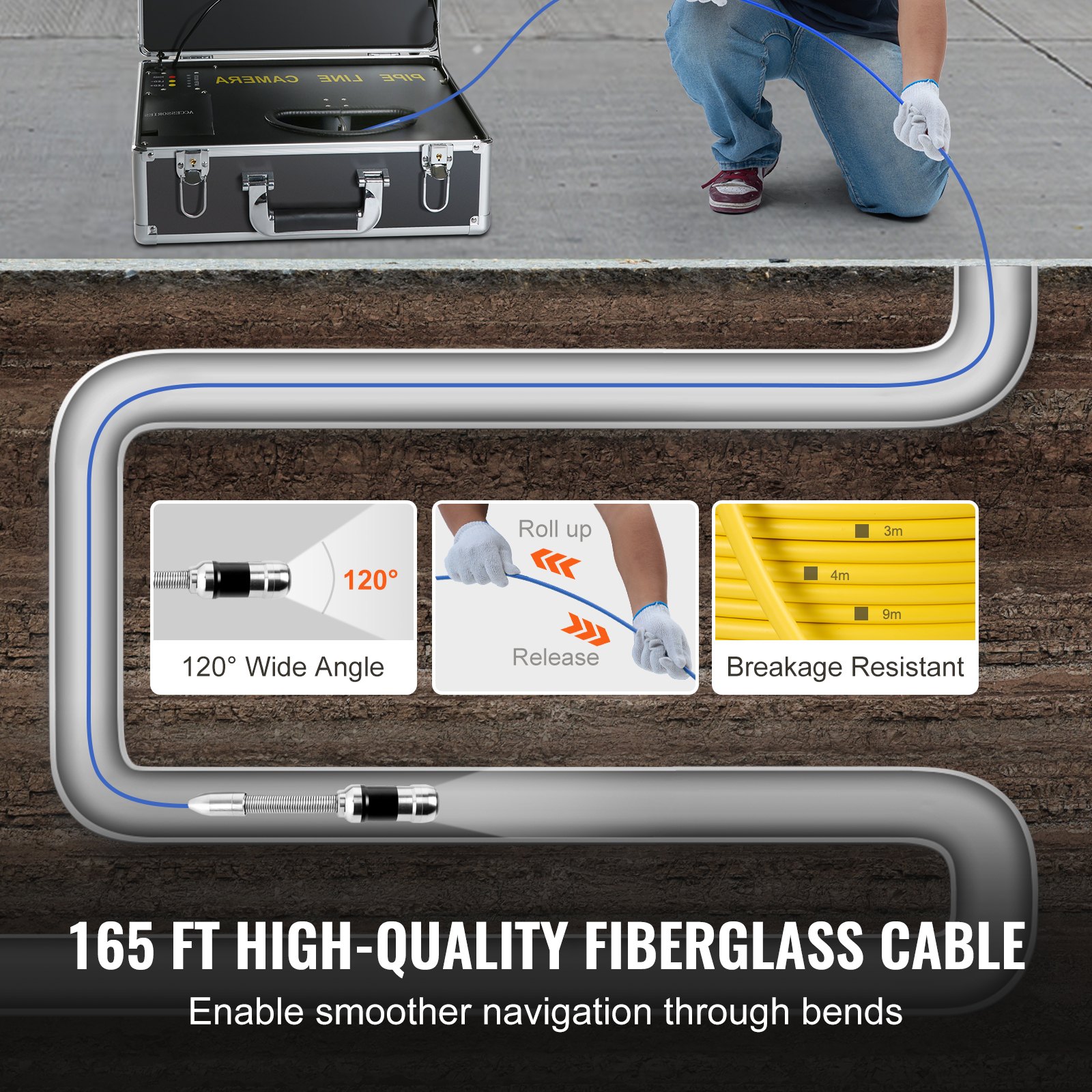 VEVOR Sewer Camera, 165 ft/50 m, 7" Screen Pipeline Inspection Camera with DVR Function, Waterproof IP68 Camera, 12pcs Adjustable LED, with a 16 GB SD Card for Sewer Line, Duct Drain Pipe Plumbing