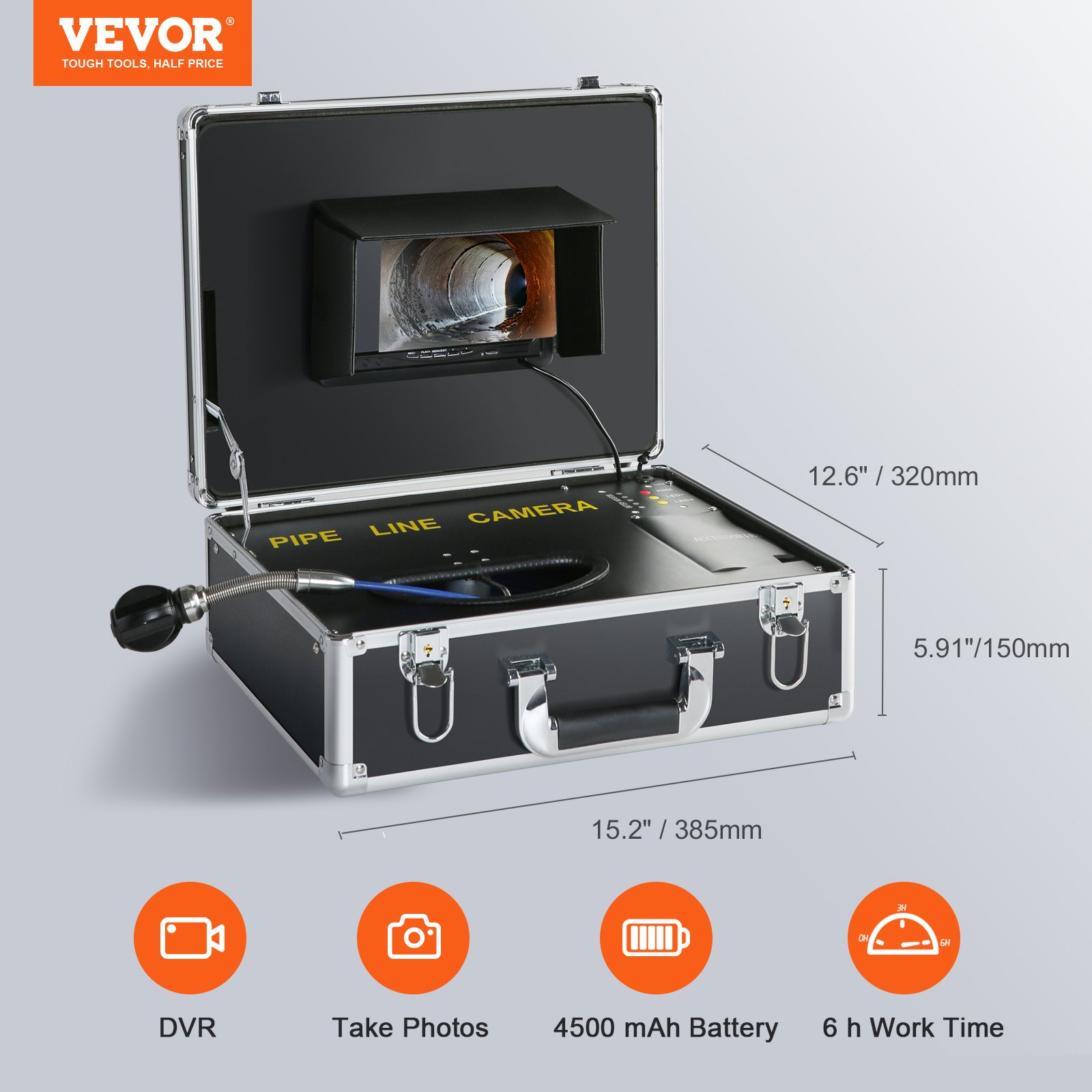VEVOR Sewer Camera, 165 ft/50 m, 7" Screen Pipeline Inspection Camera with DVR Function, Waterproof IP68 Camera, 12pcs Adjustable LED, with a 16 GB SD Card for Sewer Line, Duct Drain Pipe Plumbing