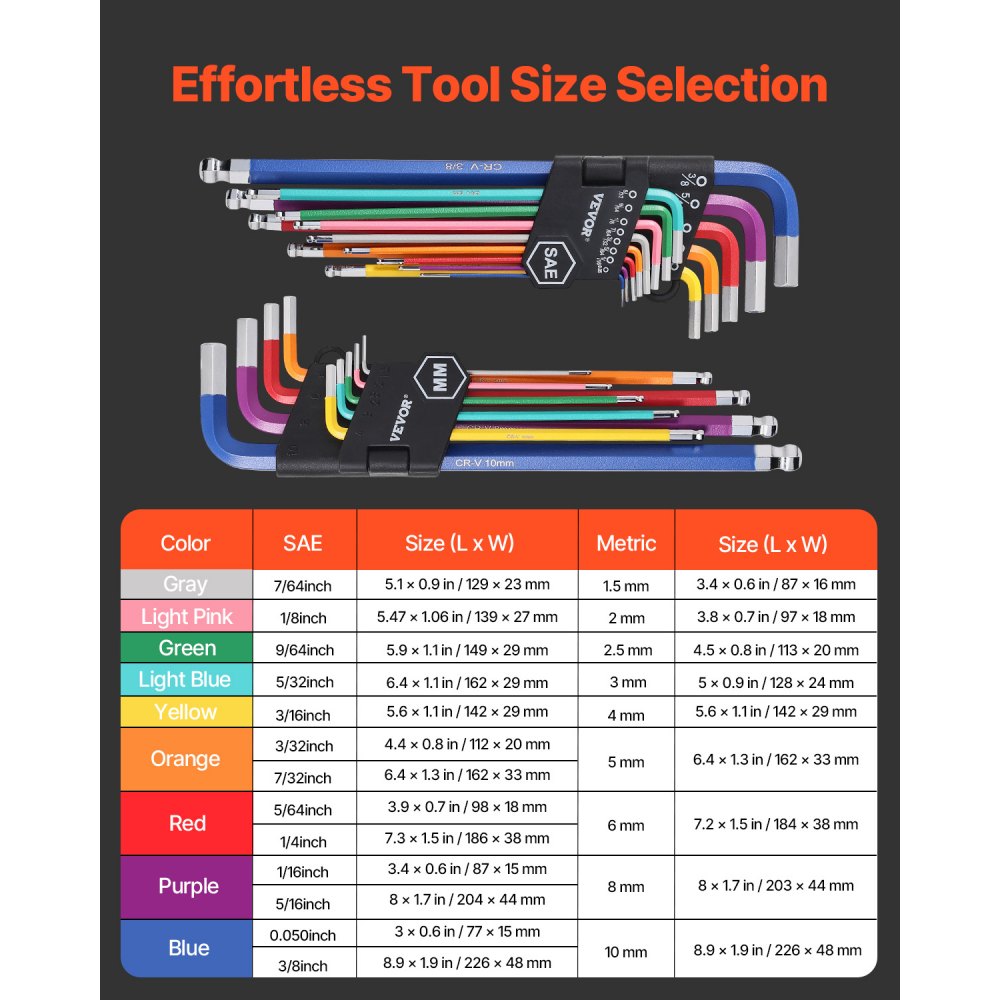 VEVOR Hex Key Allen Wrench Set, 22 pcs SAE (0.050-3/8 in) and Metric (1.5-10 mm), Color Coding Allen Wrenches Sets with Ball End, Long Arm L-Shaped Hex Key for Bicycle, Household, Automobile Repair