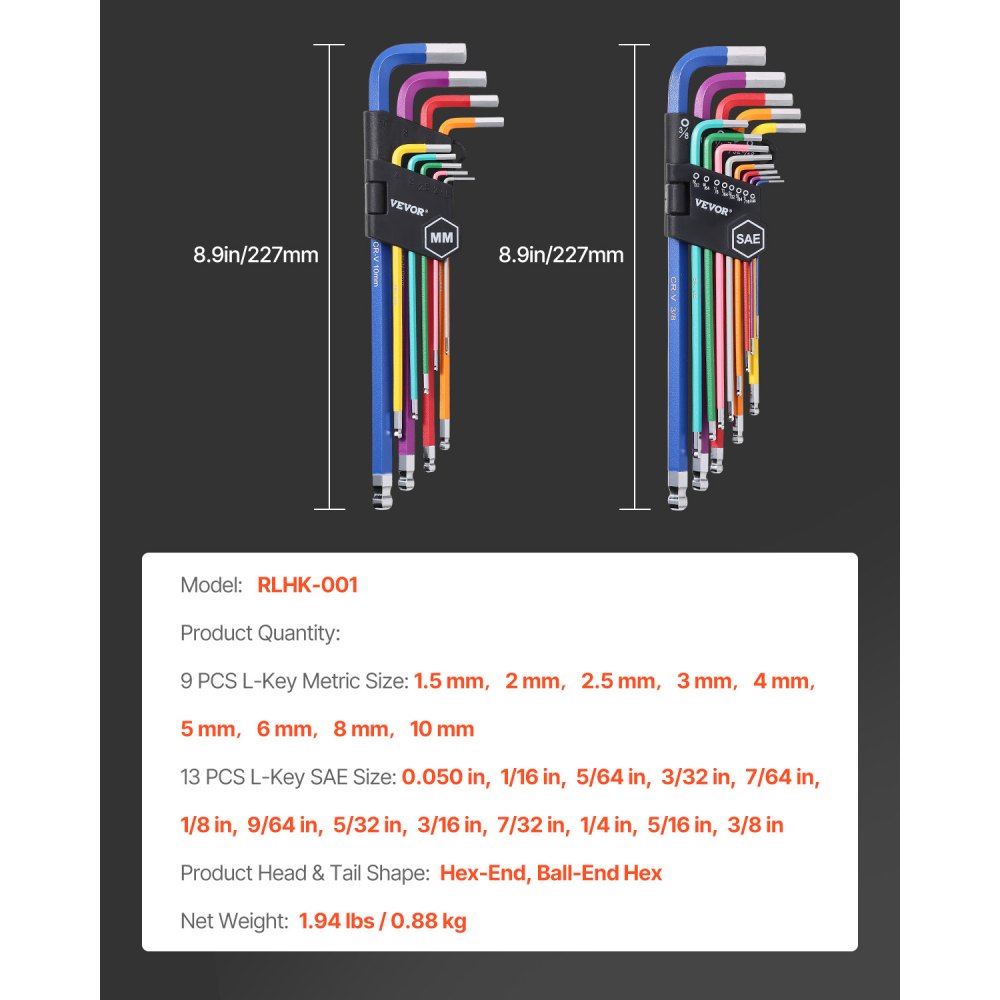 VEVOR Hex Key Allen Wrench Set, 22 pcs SAE (0.050-3/8 in) and Metric (1.5-10 mm), Color Coding Allen Wrenches Sets with Ball End, Long Arm L-Shaped Hex Key for Bicycle, Household, Automobile Repair