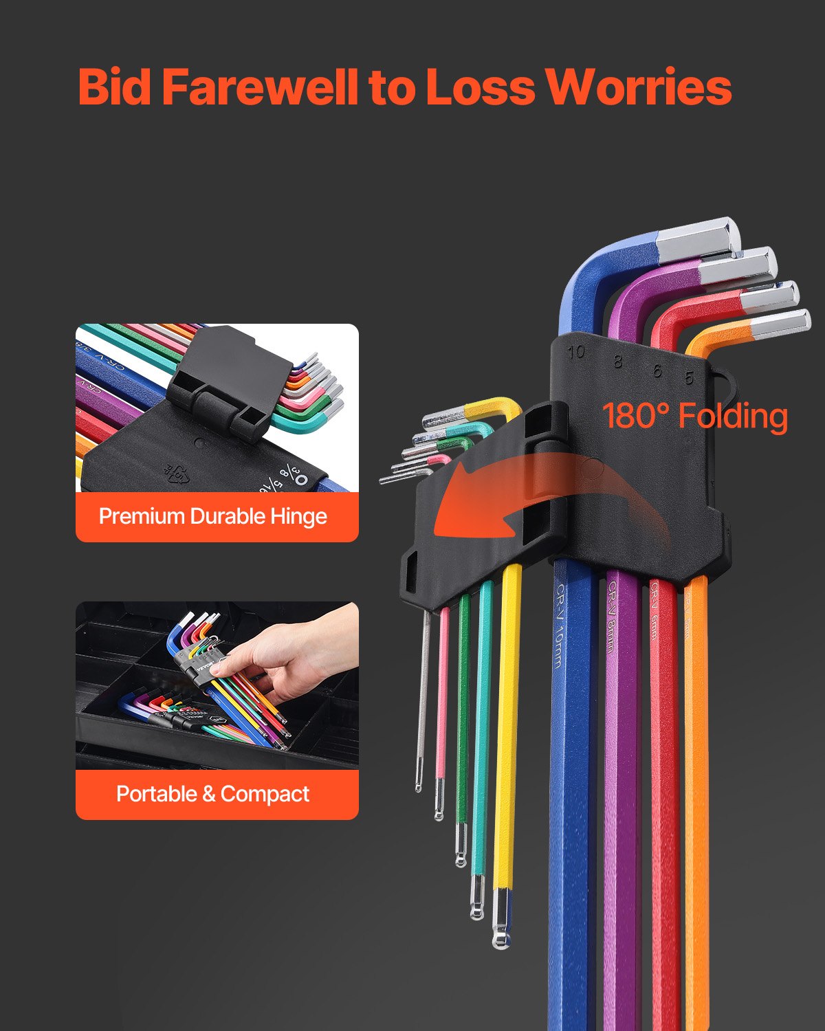 VEVOR Hex Key Allen Wrench Set, 22 pcs SAE (0.050-3/8 in) and Metric (1.5-10 mm), Color Coding Allen Wrenches Sets with Ball End, Long Arm L-Shaped Hex Key for Bicycle, Household, Automobile Repair