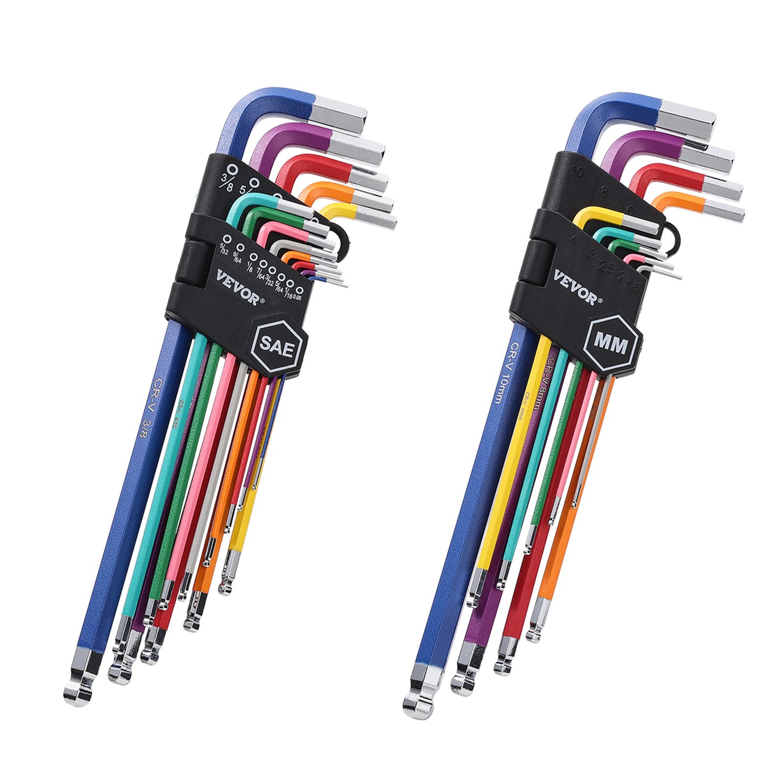 VEVOR Hex Key Allen Wrench Set, 22 pcs SAE (0.050-3/8 in) and Metric (1.5-10 mm), Color Coding Allen Wrenches Sets with Ball End, Long Arm L-Shaped Hex Key for Bicycle, Household, Automobile Repair