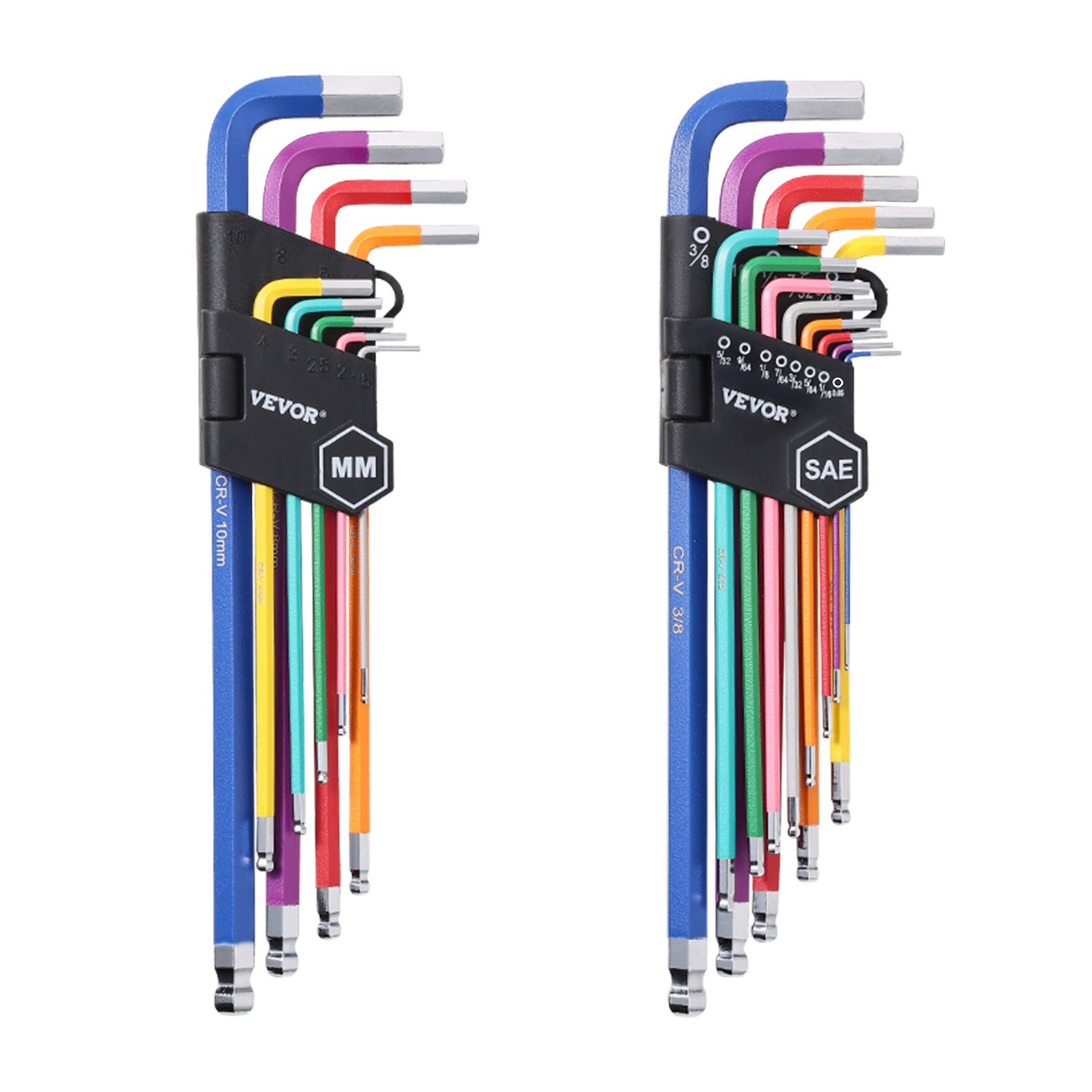VEVOR Hex Key Allen Wrench Set, 22 pcs SAE (0.050-3/8 in) and Metric (1.5-10 mm), Color Coding Allen Wrenches Sets with Ball End, Long Arm L-Shaped Hex Key for Bicycle, Household, Automobile Repair