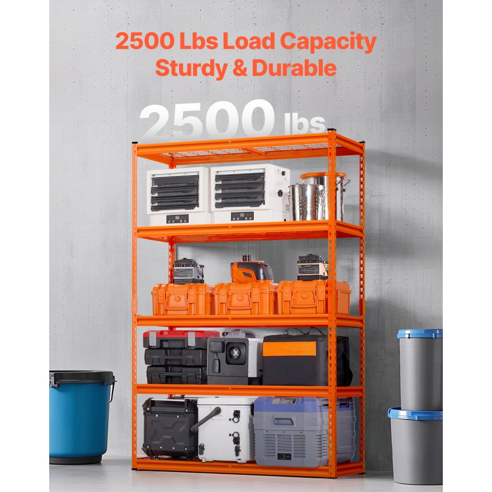 VEVOR Storage Shelves, 2500 lbs, 5 Tier Heavy Duty Garage Shelving, 18" D x 48" W x 72" H Adjustable Metal Shelves for Industrial Shelving Unit Utility Shelf, for Kitchen, Warehouse, Basement, Orange