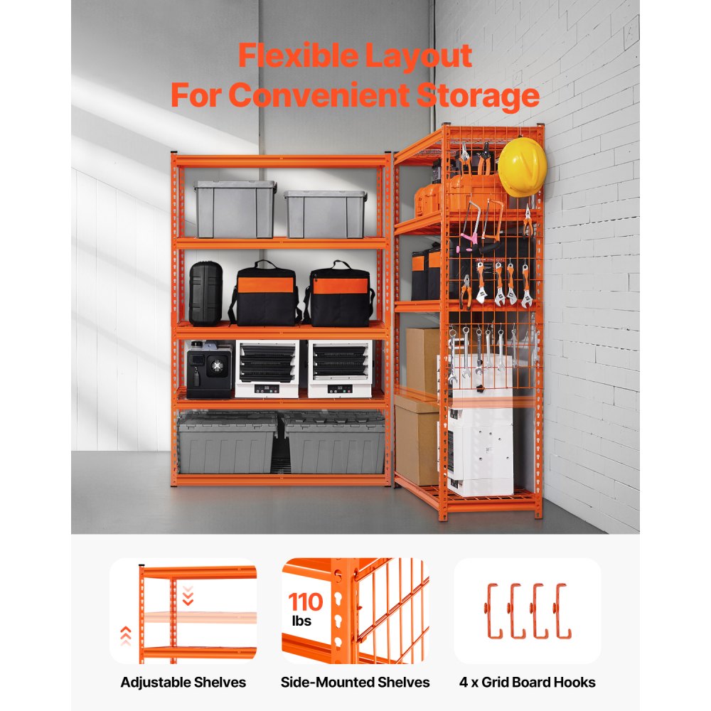 VEVOR Storage Shelves, 2500 lbs, 5 Tier Heavy Duty Garage Shelving, 18" D x 48" W x 72" H Adjustable Metal Shelves for Industrial Shelving Unit Utility Shelf, for Kitchen, Warehouse, Basement, Orange