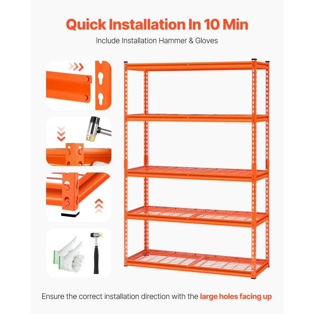 VEVOR Storage Shelves, 2500 lbs, 5 Tier Heavy Duty Garage Shelving, 18" D x 48" W x 72" H Adjustable Metal Shelves for Industrial Shelving Unit Utility Shelf, for Kitchen, Warehouse, Basement, Orange