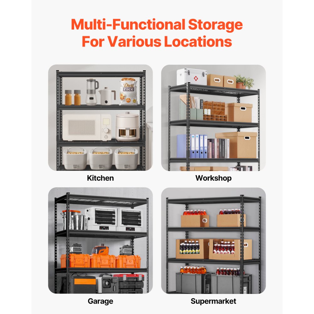 VEVOR Storage Shelves, 1134 kg, 5 Tier Heavy Duty Garage Shelving, 457.2 x 1219.2 x 1828.8 mm Adjustable Metal Shelves for Industrial Shelving Unit Utility Shelf, for Kitchen, Warehouse, Basement