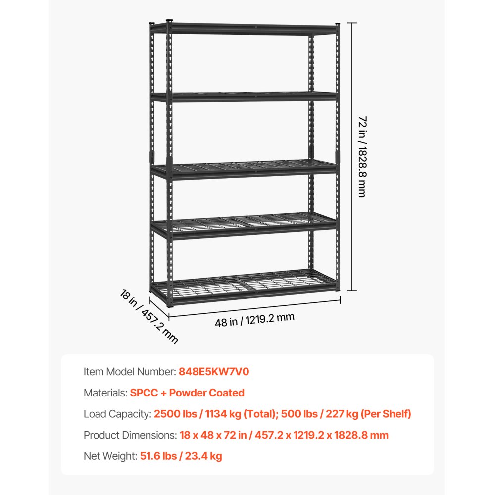 VEVOR Storage Shelves, 1134 kg, 5 Tier Heavy Duty Garage Shelving, 457.2 x 1219.2 x 1828.8 mm Adjustable Metal Shelves for Industrial Shelving Unit Utility Shelf, for Kitchen, Warehouse, Basement
