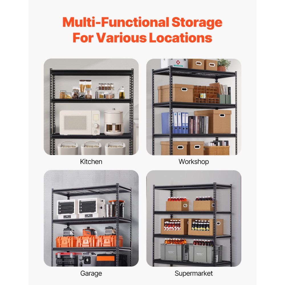 VEVOR Storage Shelves, 3000 lbs, 5 Tier Heavy Duty Garage Shelving, 24" D x 48" W x 72" H Adjustable Metal Shelves for Industrial Shelving Unit Utility Shelf, for Kitchen, Warehouse, Basement, Black
