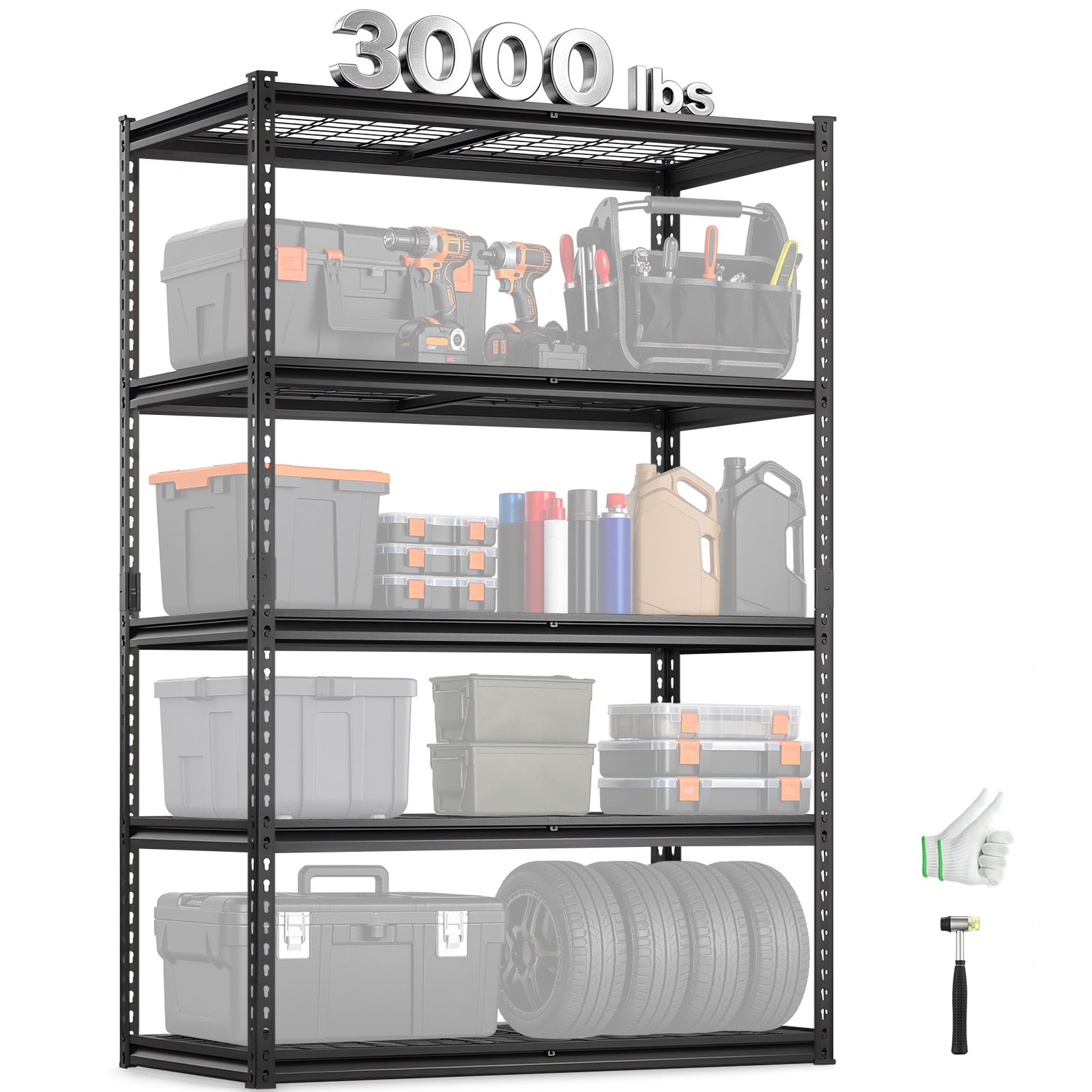 VEVOR Storage Shelves, 3000 lbs, 5 Tier Heavy Duty Garage Shelving, 24" D x 48" W x 72" H Adjustable Metal Shelves for Industrial Shelving Unit Utility Shelf, for Kitchen, Warehouse, Basement, Black