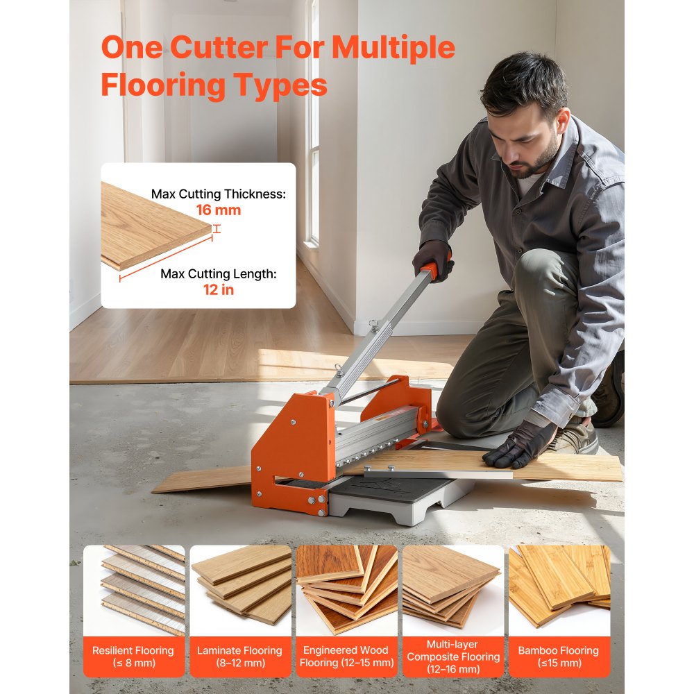 VEVOR 304.8mm Vinyl Floor Cutter, 16mm Thick Laminate Flooring Cutter with Upgraded Labor-Saving Aluminum-Alloy Lever, Telescoping Support Plate, Cuts Engineered Wood, LVT, VCT, SPC, LVP, WPC