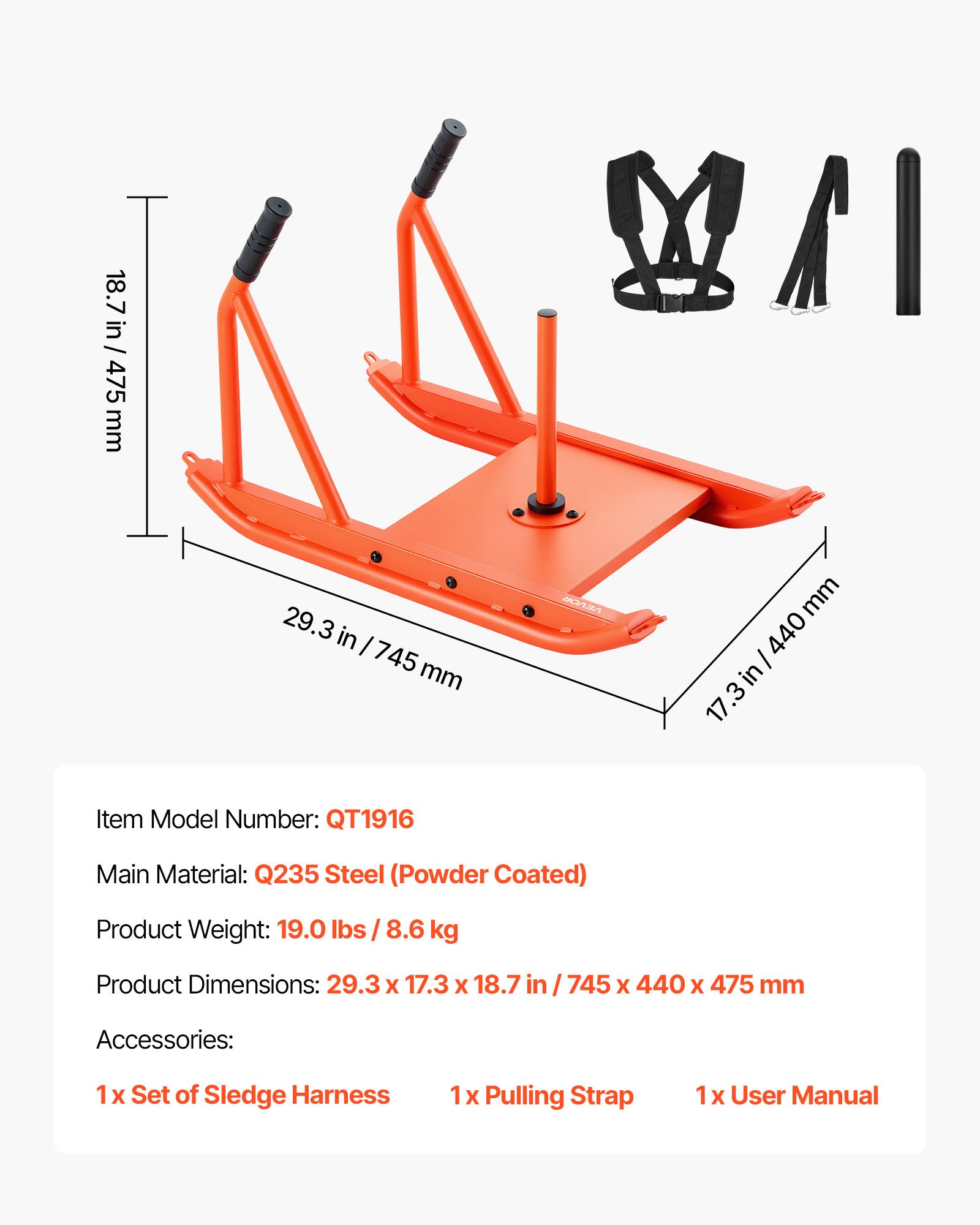 VEVOR Weight Sled, Steel Power Sled, Fitness Strength Training Sleds for Athletic Exercise Speed Improvement, Workout Fitness Equipment with Handle, Compatible with 25/51 mm Weight Plates, Orange