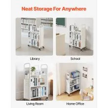VEVOR 3-Tier Rolling Book Cart Single Sided L-Shaped Shelves Book Truck in White
