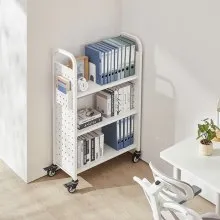 VEVOR 3-Tier Rolling Book Cart Single Sided L-Shaped Shelves Book Truck in White