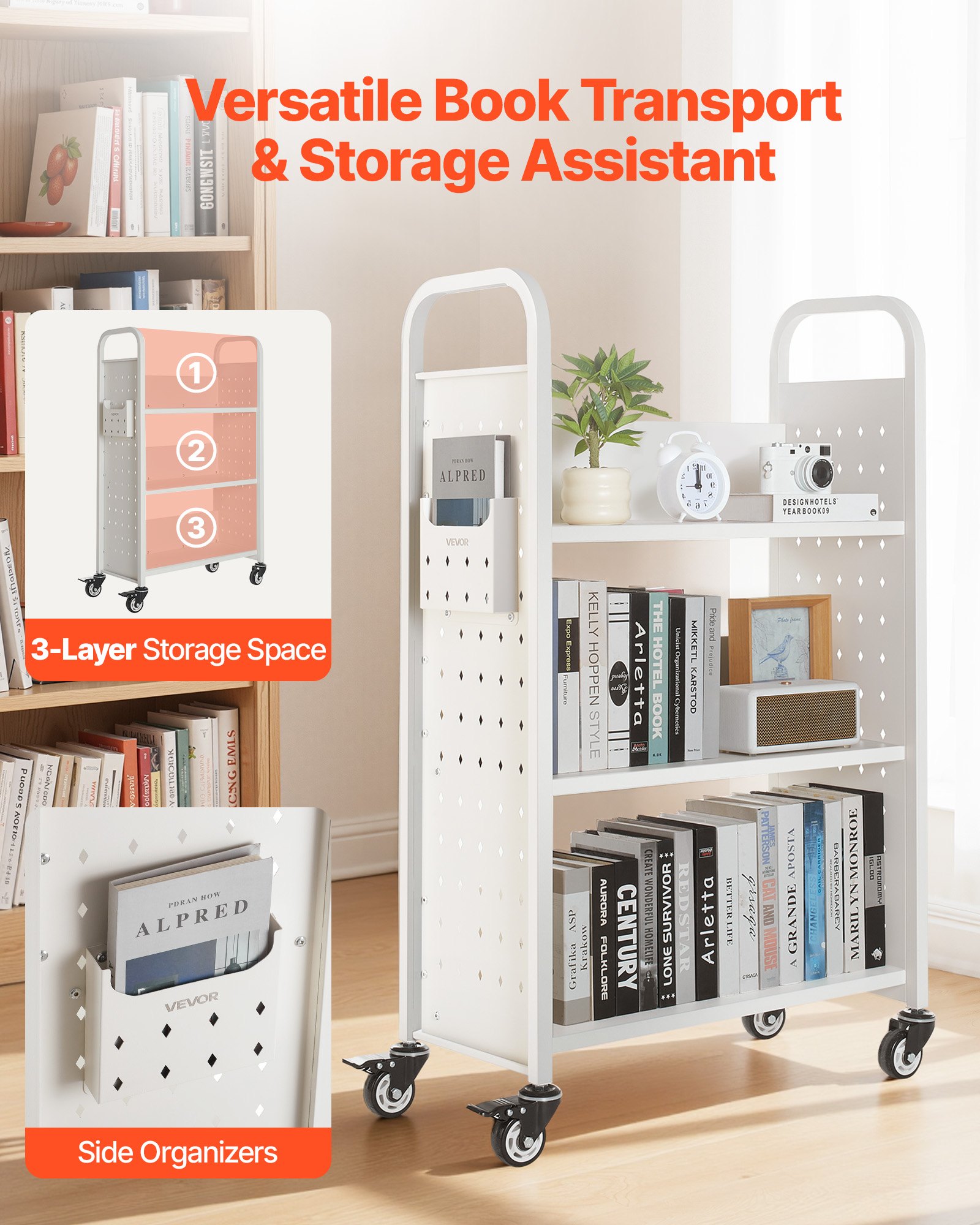 VEVOR Rolling Library Book Cart, 330 lbs Capacity, 30.3 x 15 x 48.0-Inch Library Cart, Single Sided L-Shaped Shelves with 3-Inch Lockable Wheels, Book Truck for Home Shelves Office and School, White