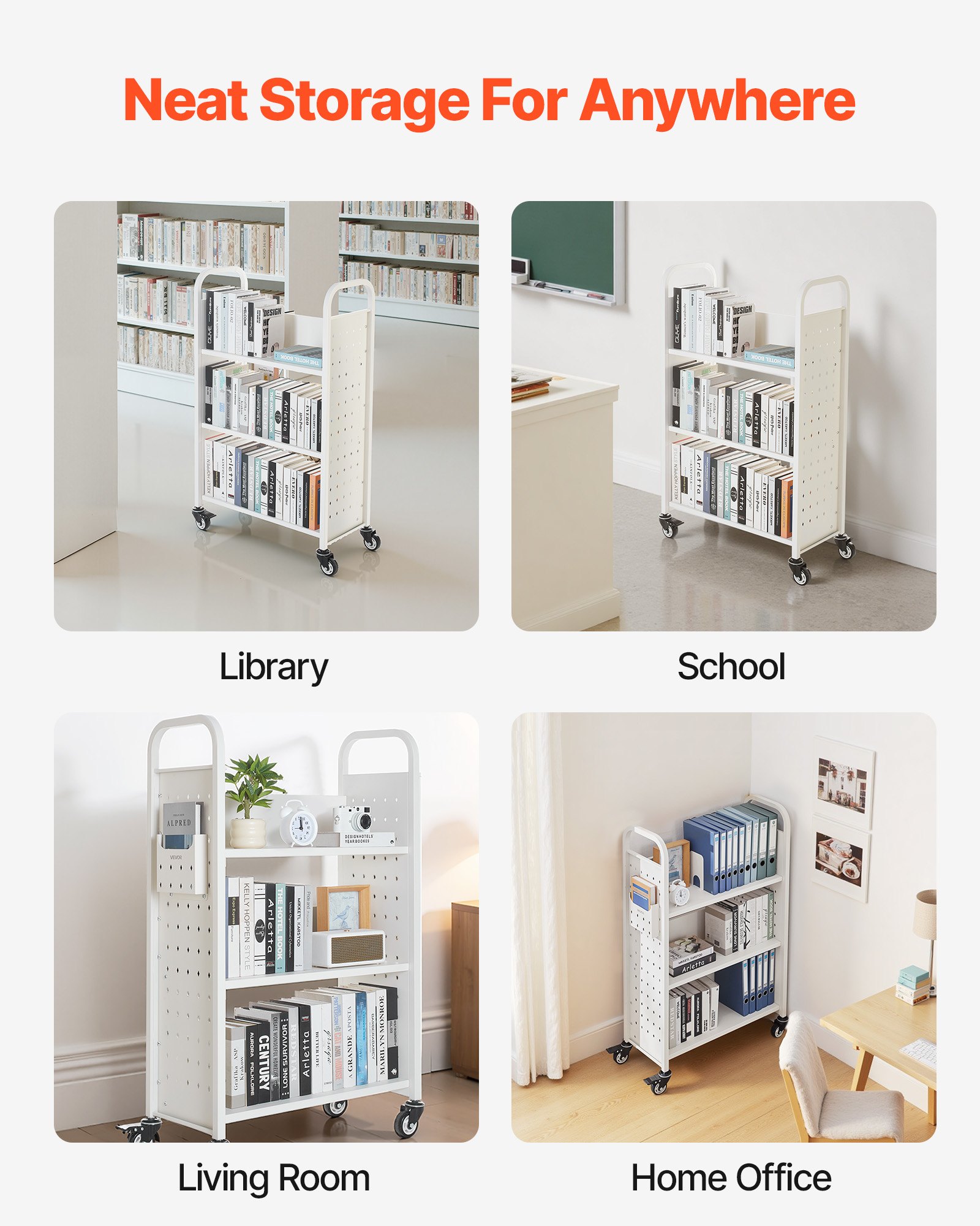 VEVOR Rolling Library Book Cart, 330 lbs Capacity, 30.3 x 15 x 48.0-Inch Library Cart, Single Sided L-Shaped Shelves with 3-Inch Lockable Wheels, Book Truck for Home Shelves Office and School, White