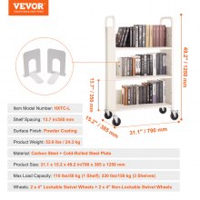 VEVOR Book Cart, 330 lbs Library Cart, 31.1" x 15.2" x 49.2" Rolling Book Cart, Single Sided L-Shaped Flat Shelves with 4-Inch Lockable Wheels for Home Shelves Office and School, Book Truck in White