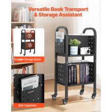 VEVOR 2-Tier Rolling Book Cart Double Sided L-Shaped Shelves Book Truck in Black