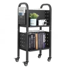 VEVOR 2-Tier Rolling Book Cart Double Sided L-Shaped Shelves Book Truck in Black
