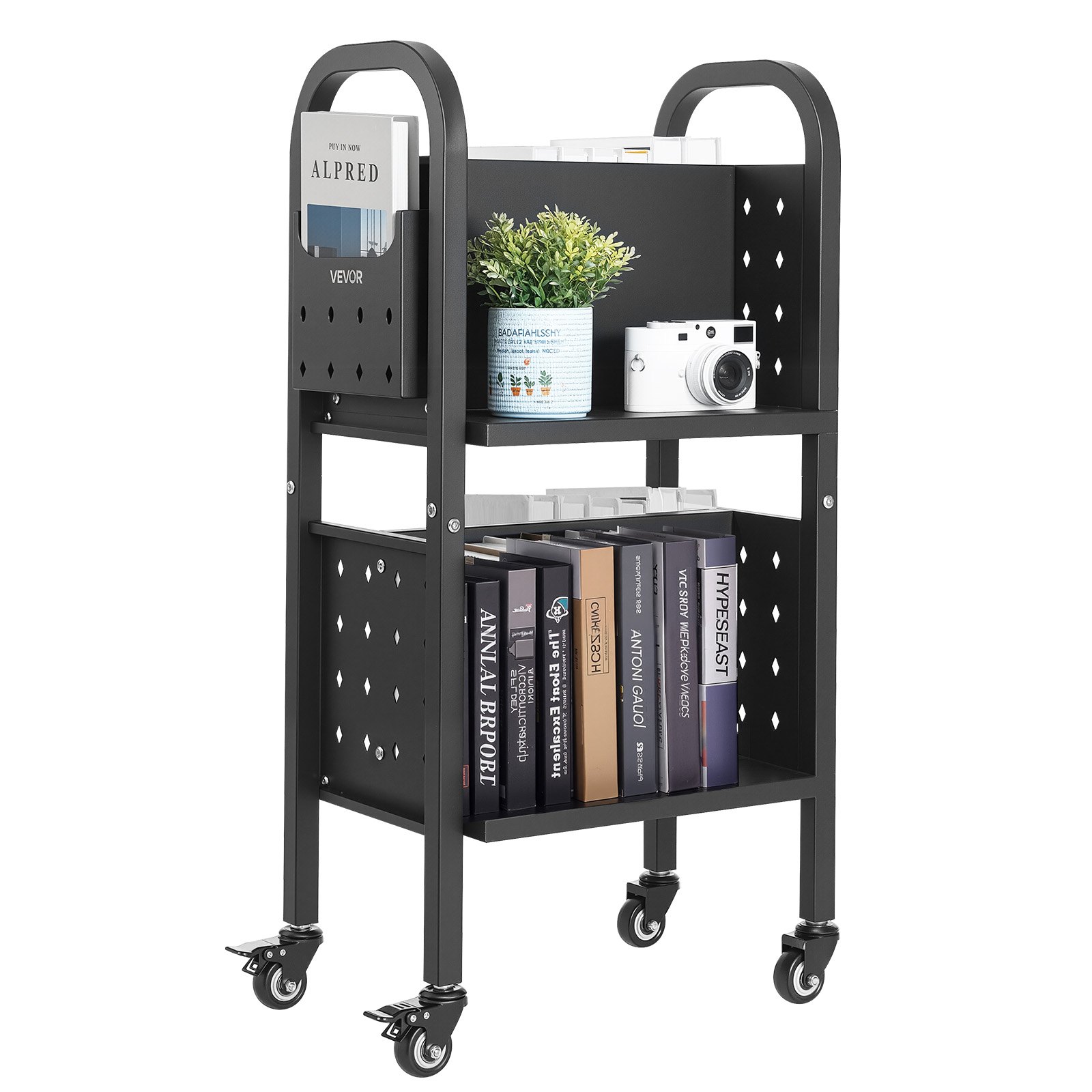 VEVOR Rolling Library Book Cart, 70 kg Capacity, 45 x 33 x 88 cm Library Cart, Double Sided L-Shaped Shelves with 50.8 mm Lockable Wheels, Book Truck for Home Shelves Office and School, Black