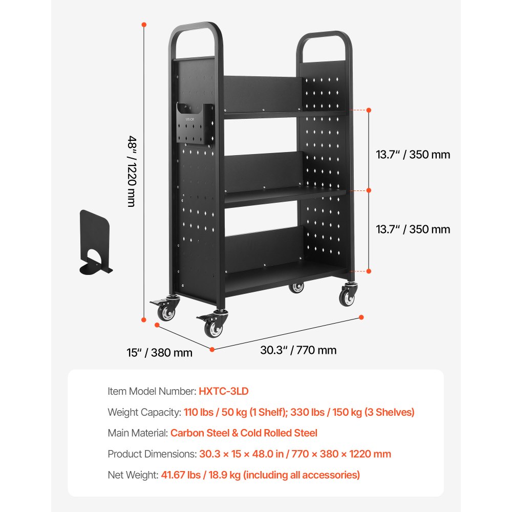 VEVOR Rolling Library Book Cart, 330 lbs Capacity, 30.3 x 15 x 48.0-Inch Library Cart, Single Sided L-Shaped Shelves with 3-Inch Lockable Wheels, Book Truck for Home Shelves Office and School, Black