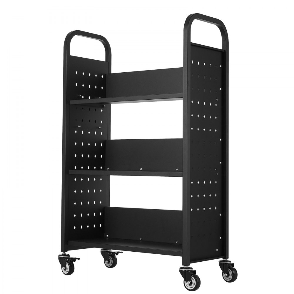 VEVOR Rolling Library Book Cart, 330 lbs Capacity, 30.3 x 15 x 48.0-Inch Library Cart, Single Sided L-Shaped Shelves with 3-Inch Lockable Wheels, Book Truck for Home Shelves Office and School, Black
