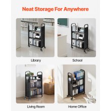 VEVOR 3-Tier Rolling Book Cart Single Sided L-Shaped Shelves Book Truck in Black